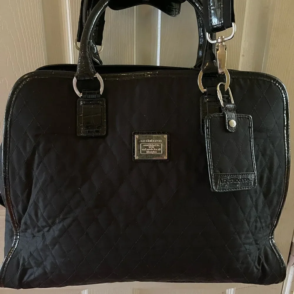 Liz Claiborne Black quilted fabric large laptop work bag silver tone hardwares